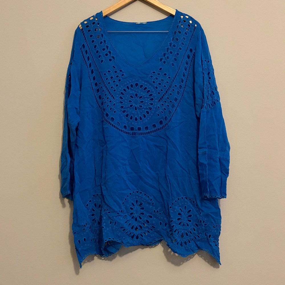 Johnny Was Blue Eyelet Embroidered Tunic Top V-Neck Long Sleeve XXL